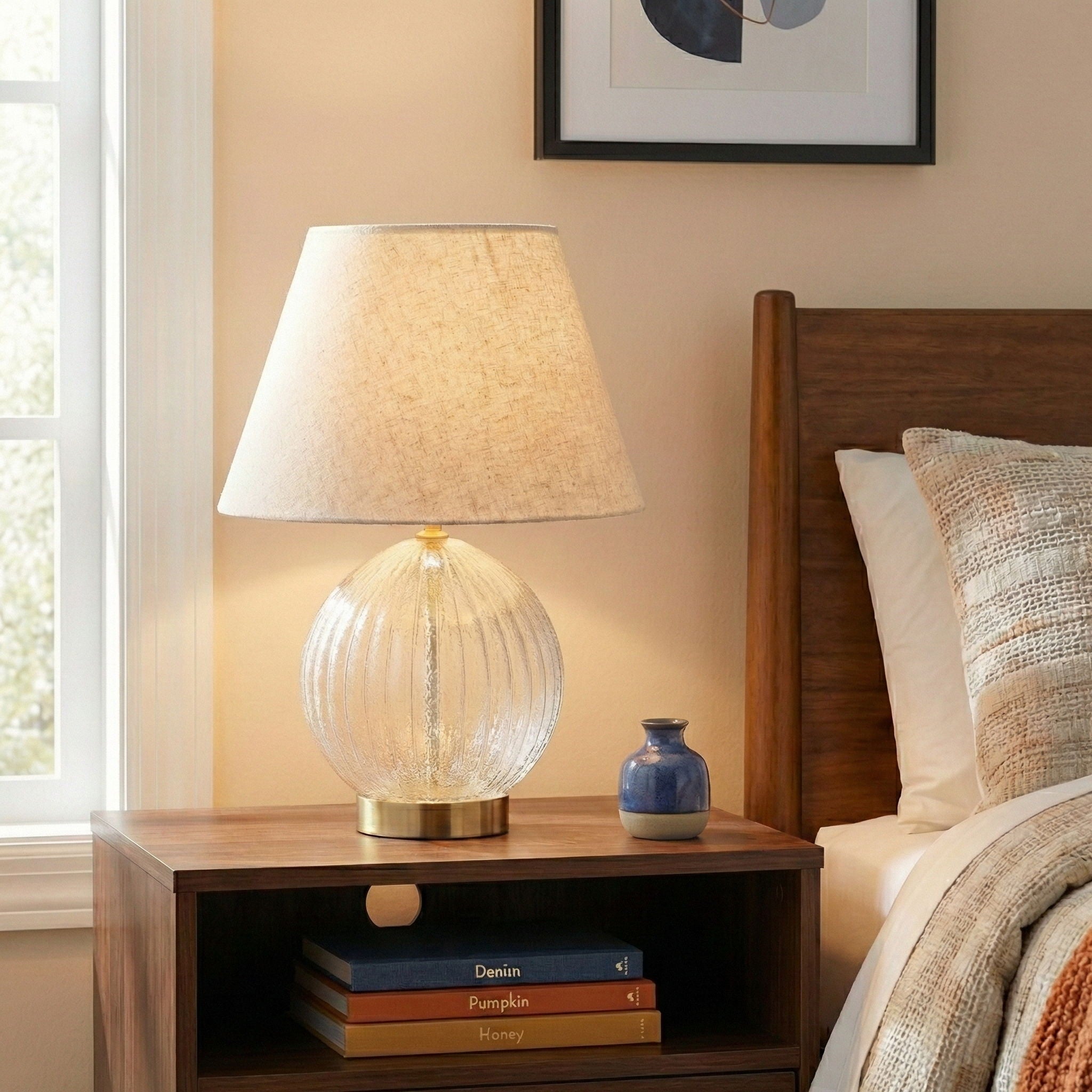 Serenity - Round Ribbed Lamp Base Clear Table Lamp Large Linen Shade - Clear / Gold / Natural