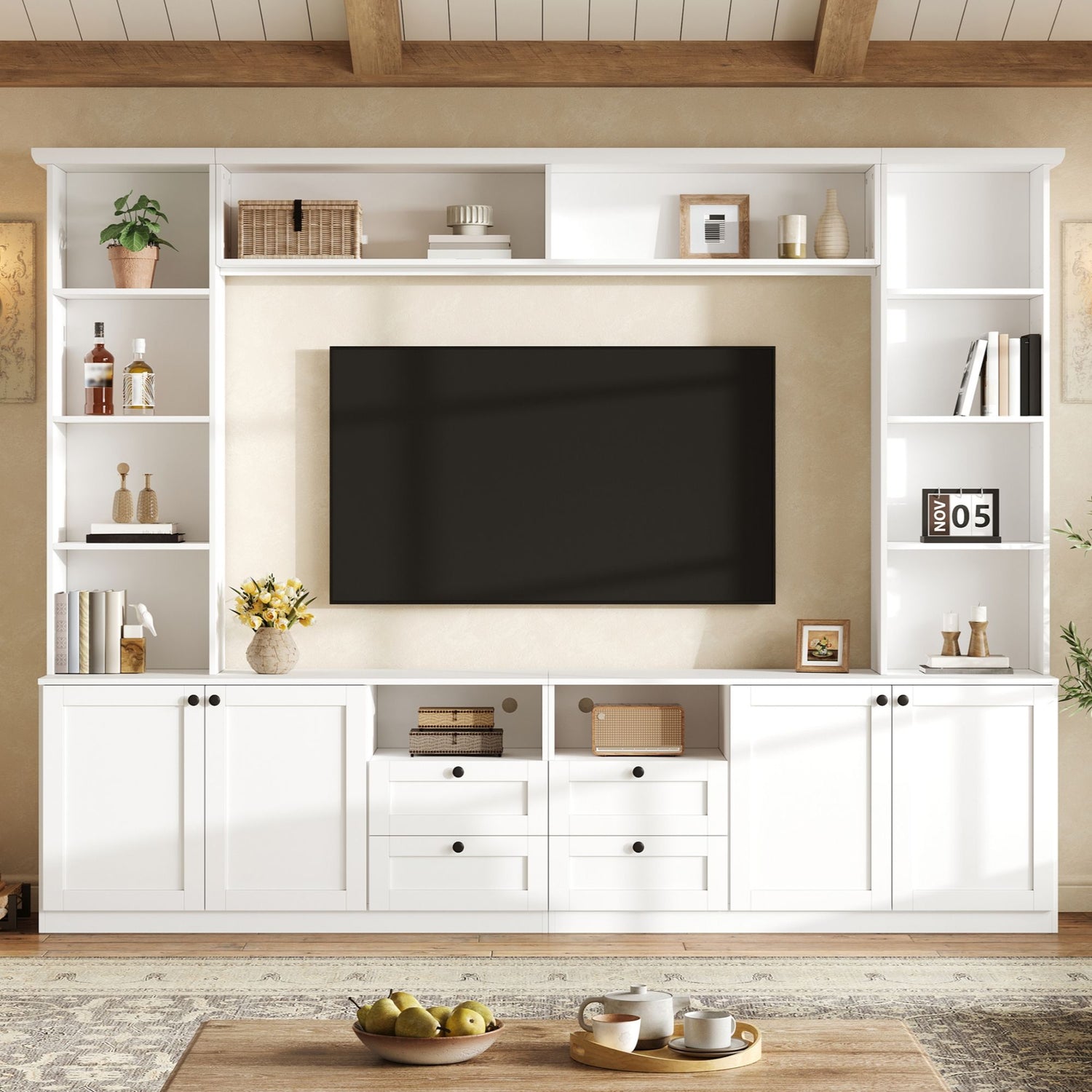 Farmhouse Elegant Entertainment Center Wall Unit With 4 Drawers