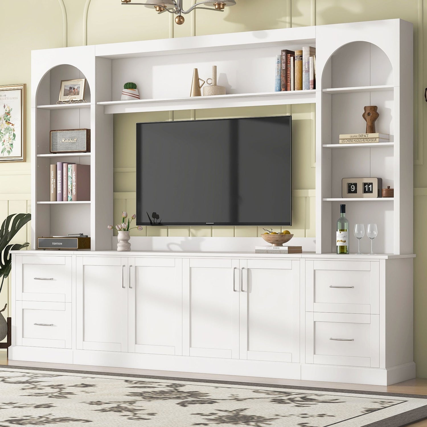 Arched Entertainment Center Wall Unit With Drawers, TV Stand