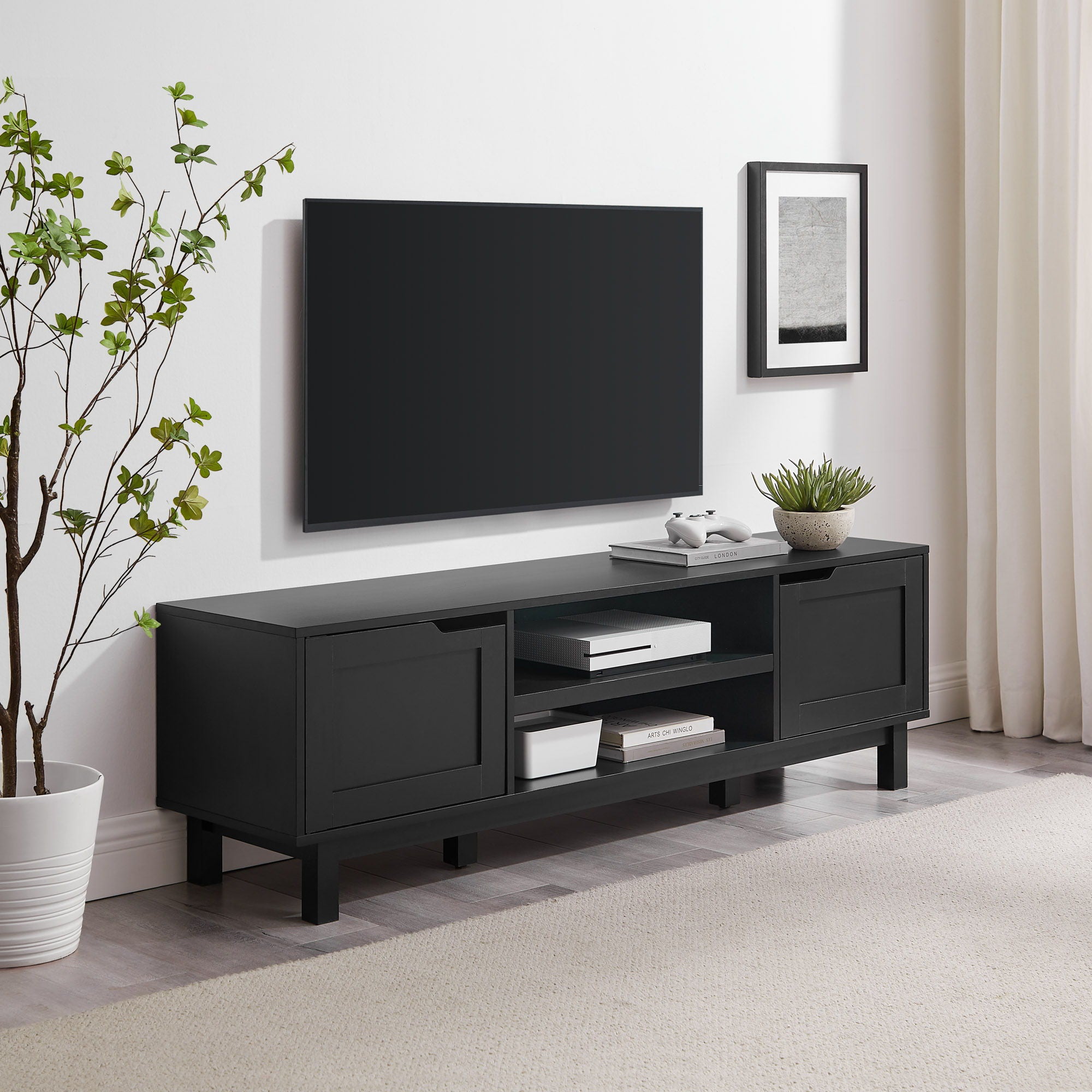Modern 2 Door Open Storage TV Stand For TVs Up To 65&quot; - Solid Black