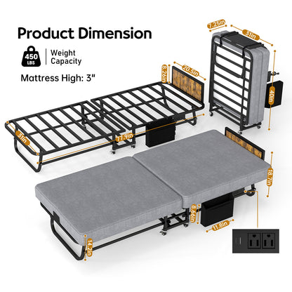 Twin Folding Bed With Headboard &amp; USB Charging Station - Gray