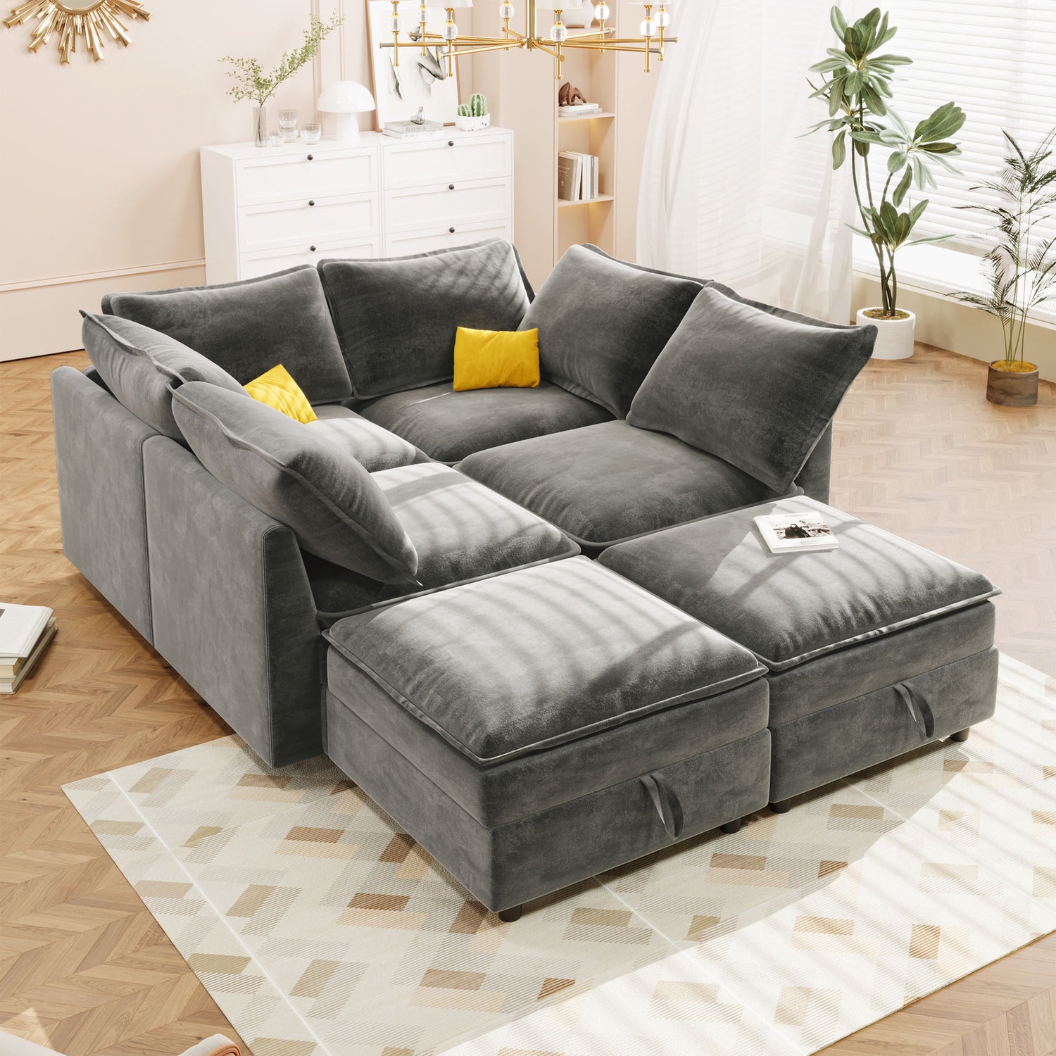 Versatile 6 Piece Modular Sofa Bed With Storage, Stylish Faux Double Layer Cushions, Comfortable &amp; Durable Design, Perfect For Any Living Space
