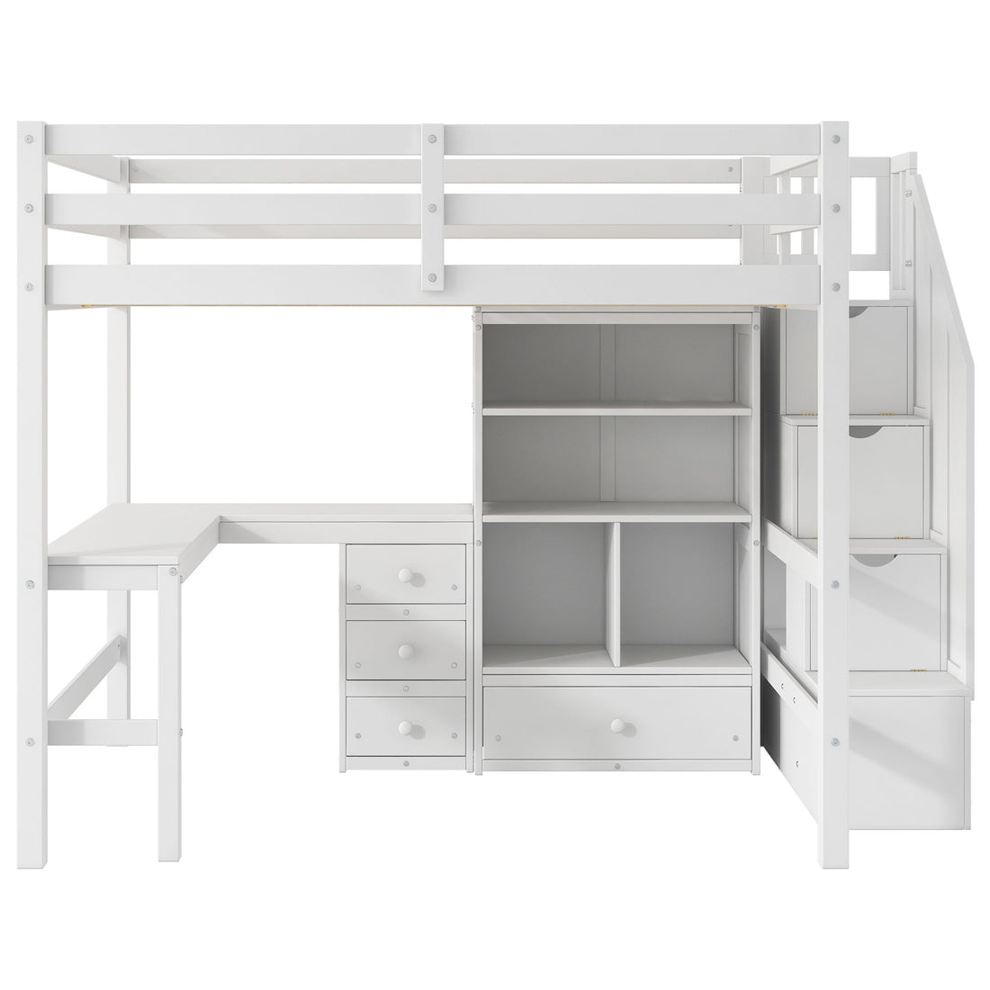 Loft Bed &amp; L Shaped Desk, Drawers, Cabinet, And Storage Staircase