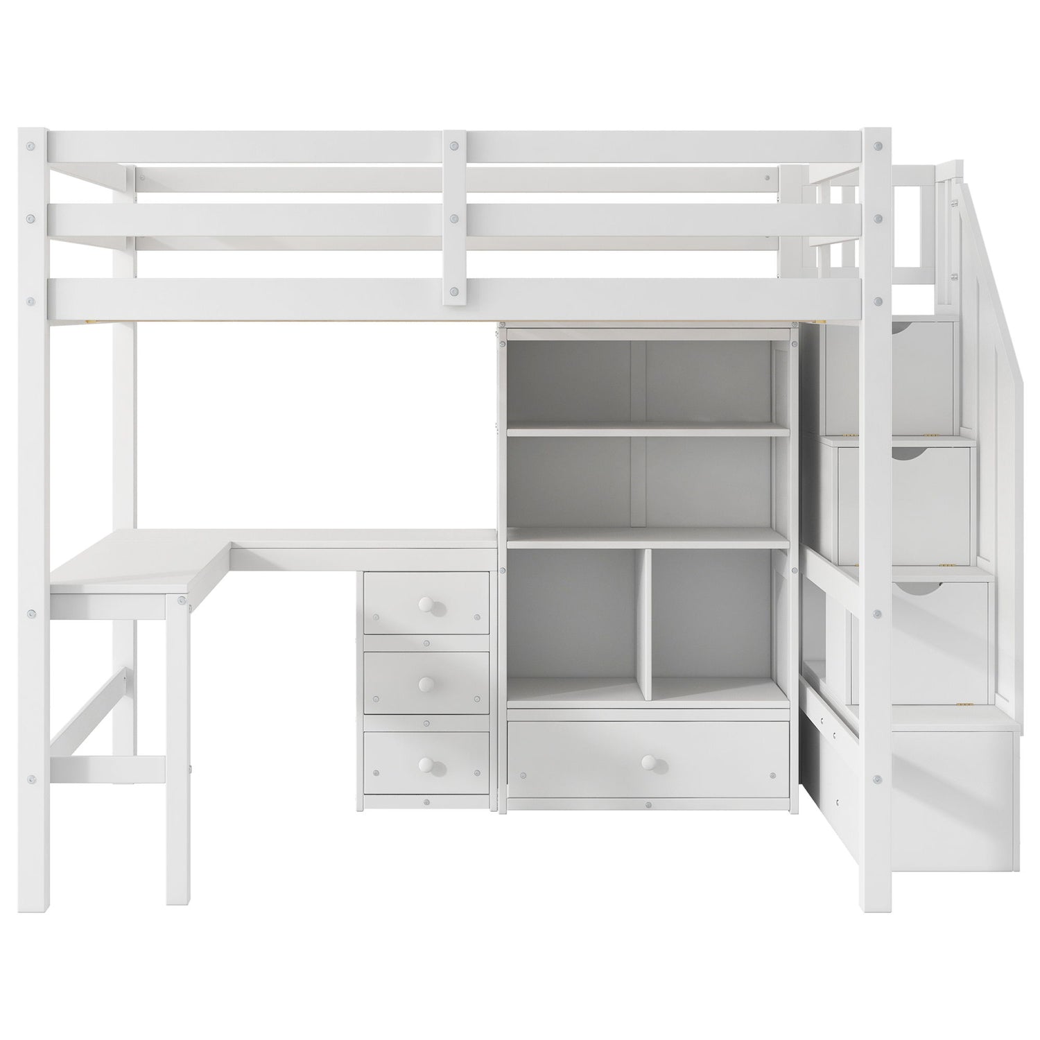Loft Bed &amp; L Shaped Desk, Drawers, Cabinet, And Storage Staircase