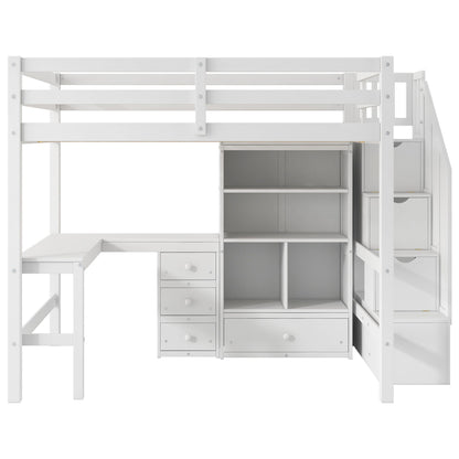 Loft Bed &amp; L Shaped Desk, Drawers, Cabinet, And Storage Staircase