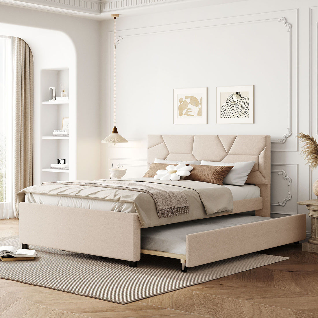 Upholstered Platform Bed With Brick Pattern Headboard And Twin Long Size Trundle