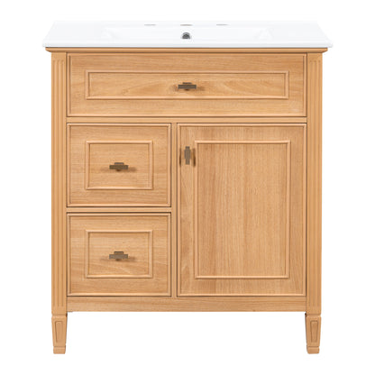 Bathroom Vanity With Sink, Flip Drawer &amp; Adjustable Shelf - Natural