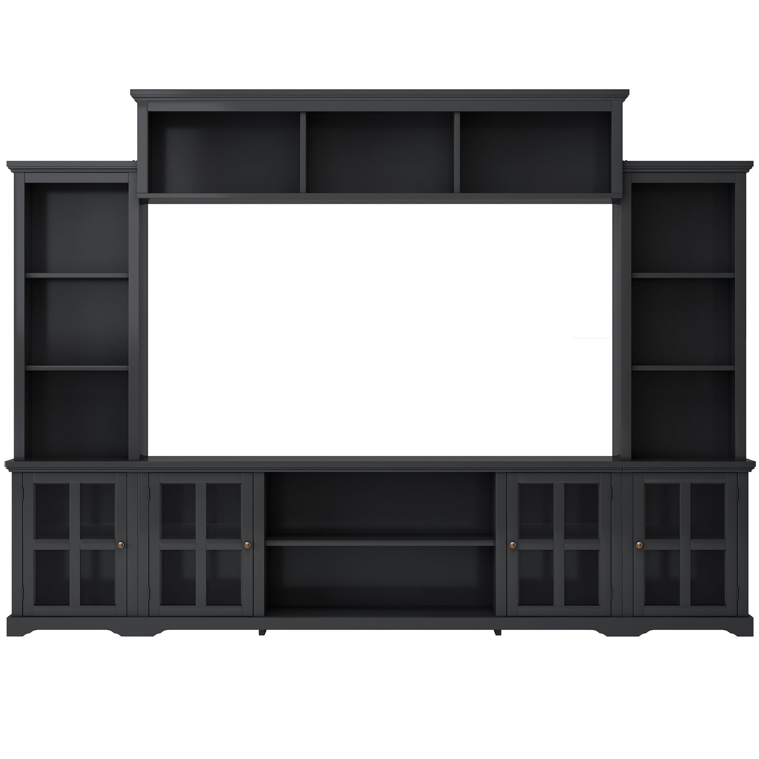 Entertainment Wall Unit with Bridge, Modern TV Console Table for TVs Up to 70&quot;, Multifunctional TV Stand with Tempered Glass Door, Black