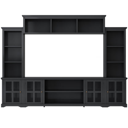 Entertainment Wall Unit with Bridge, Modern TV Console Table for TVs Up to 70&quot;, Multifunctional TV Stand with Tempered Glass Door, Black