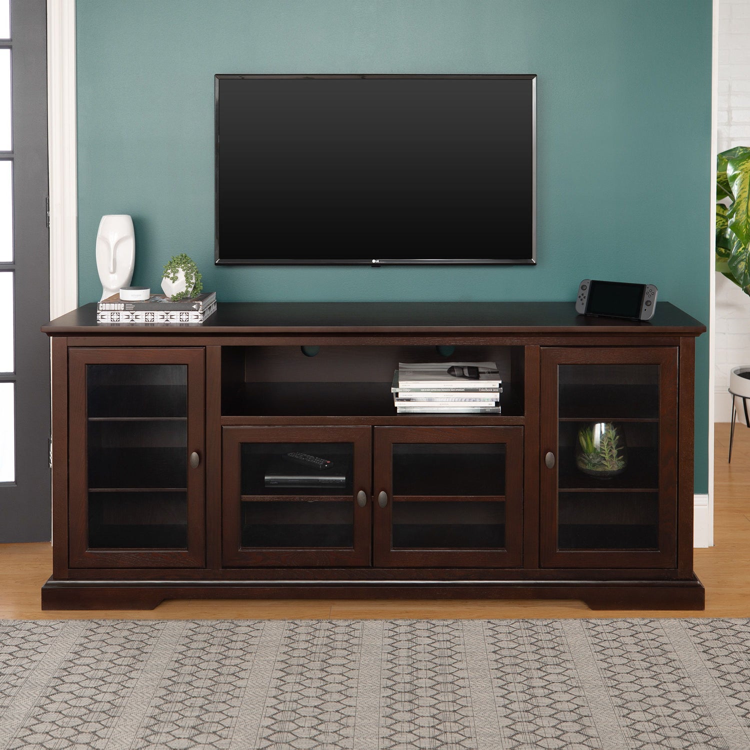 Transitional Classic 70&quot; TV Stand For 80&quot; TVs With 4 Glass Doors