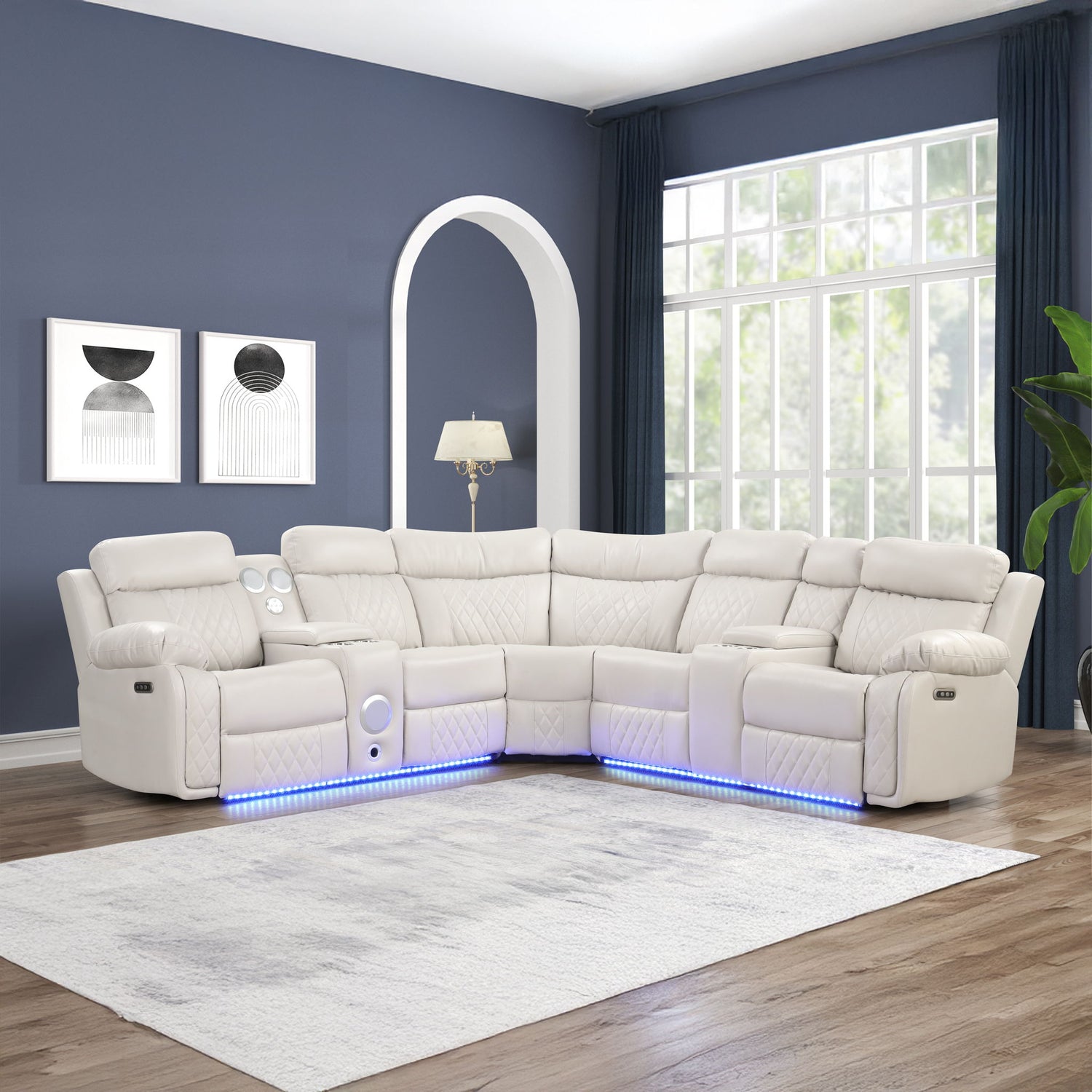 Lacrosse - Power Reclining Sectional Sofa &amp; Bluetooth Speakers, LED Lights, Console Storage, Cup Holders And USB Charging - Beige