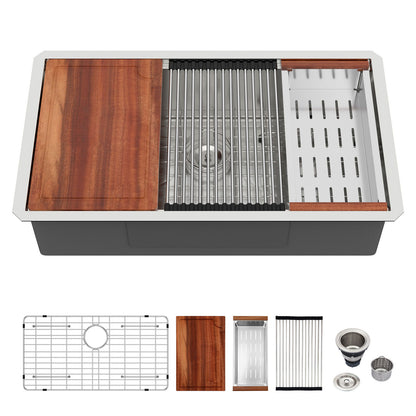 30&quot; Undermount Kitchen Sink 16 Gauge Ledge Workstation - Brushed Nickel