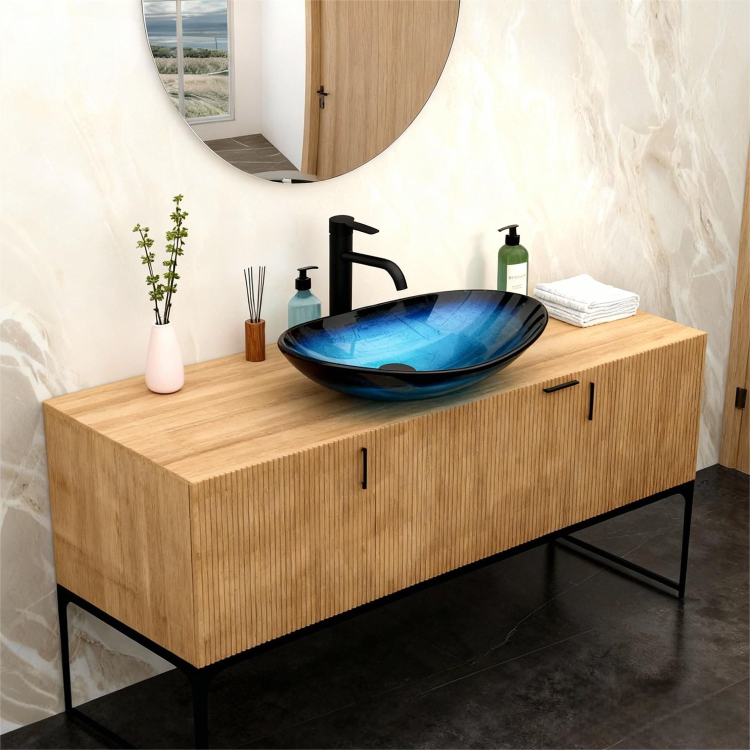 Tempered Glass Vessel Sink With Boat Shape Pop-Up Drain