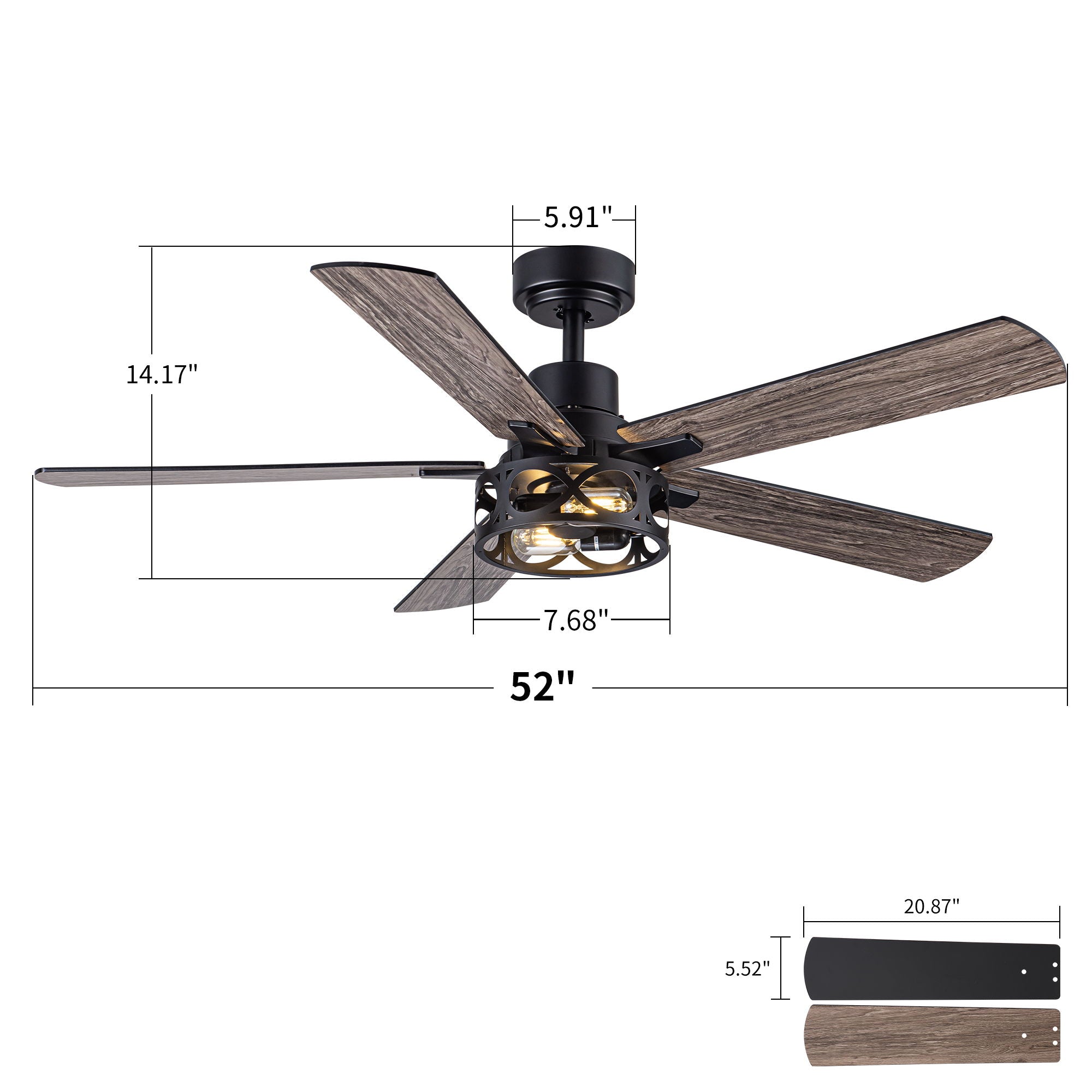 Ceiling Fan With Light, Dual‑Sided Matte Black &amp; Wood Grain Blades - Black