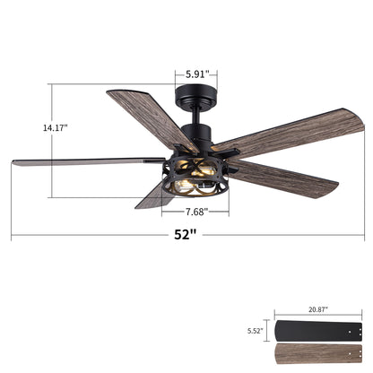 Ceiling Fan With Light, Dual‑Sided Matte Black &amp; Wood Grain Blades - Black