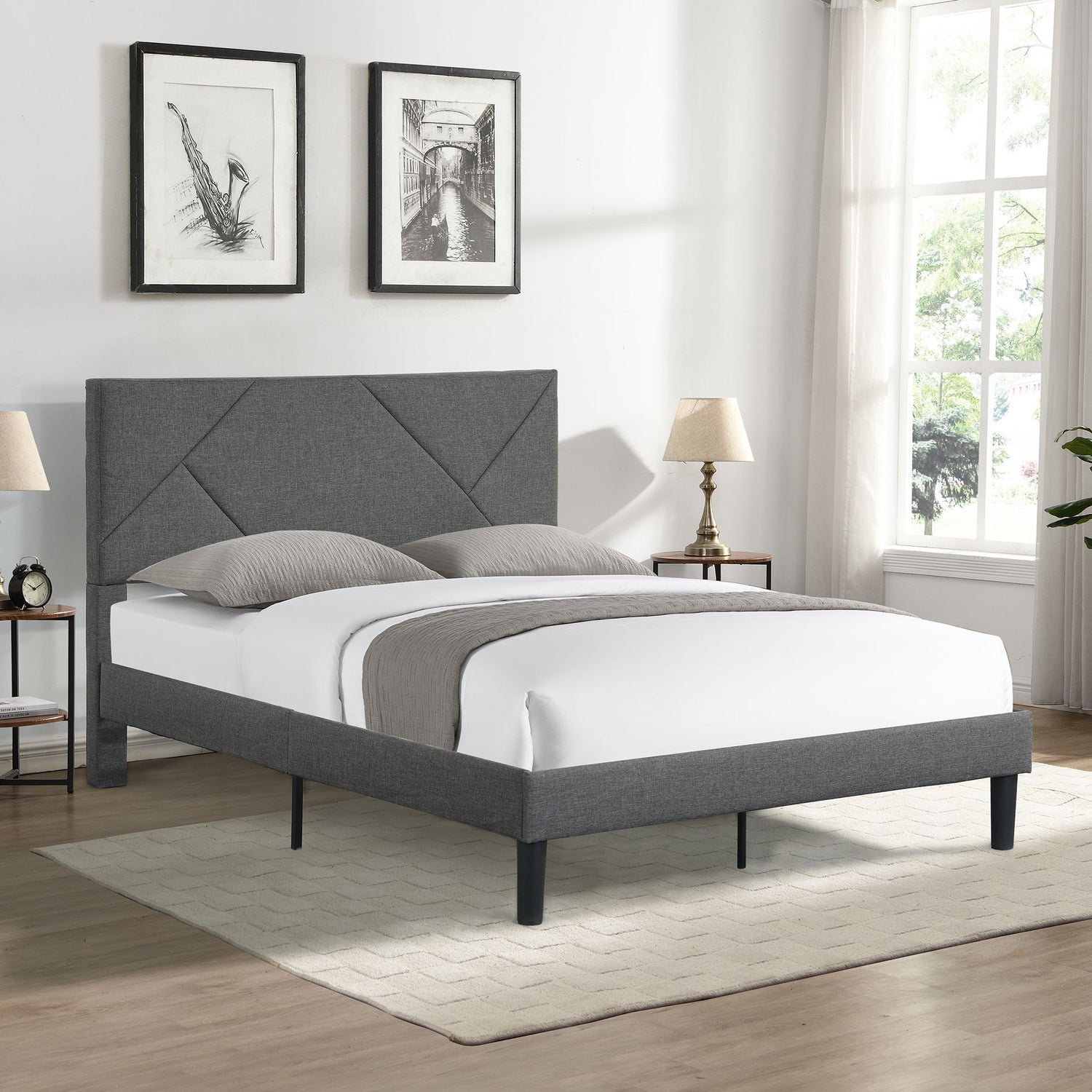 Upholstered Platform Bed Frame With Headboard, Wood Slat Support