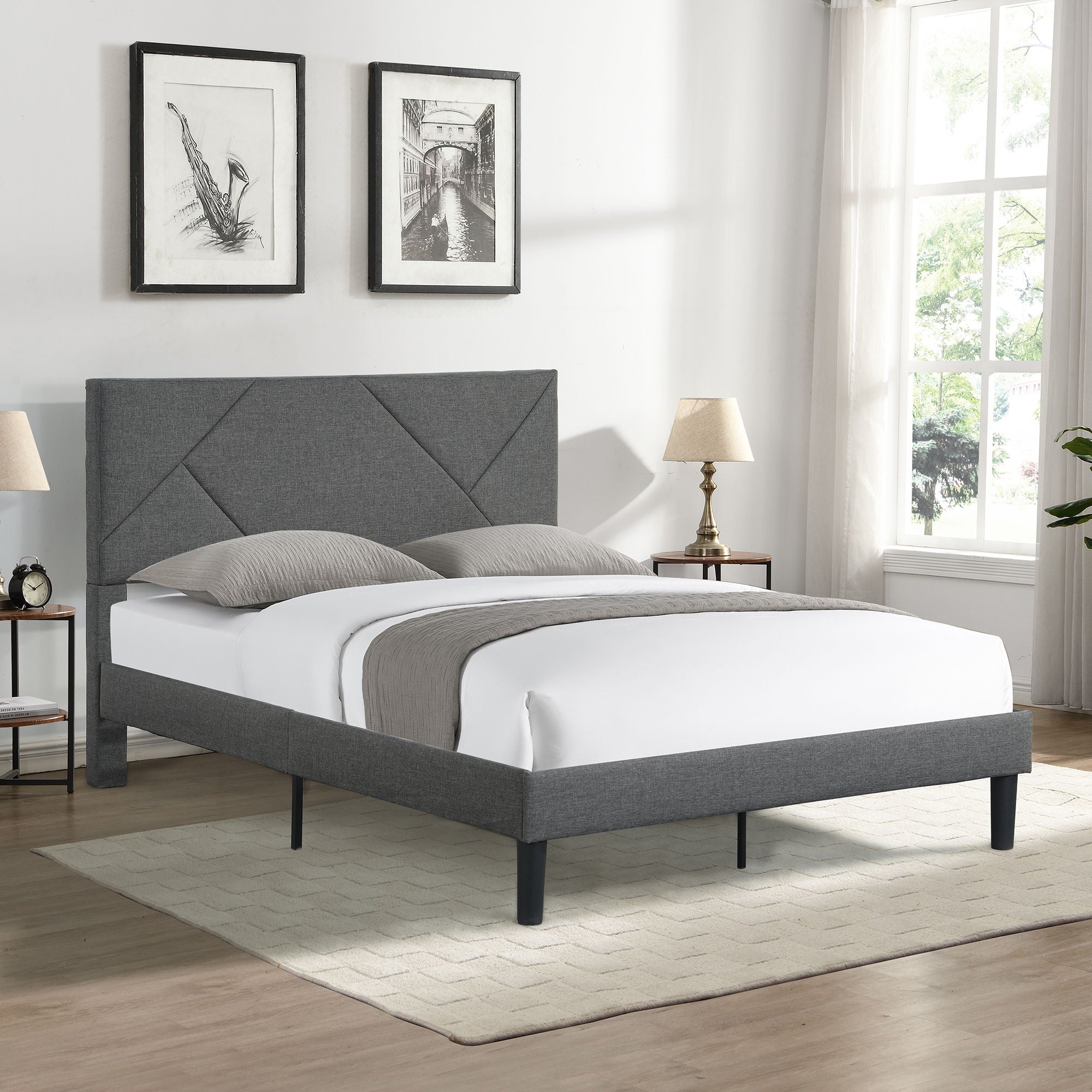 Upholstered Platform Bed Frame With Headboard, Wood Slat Support
