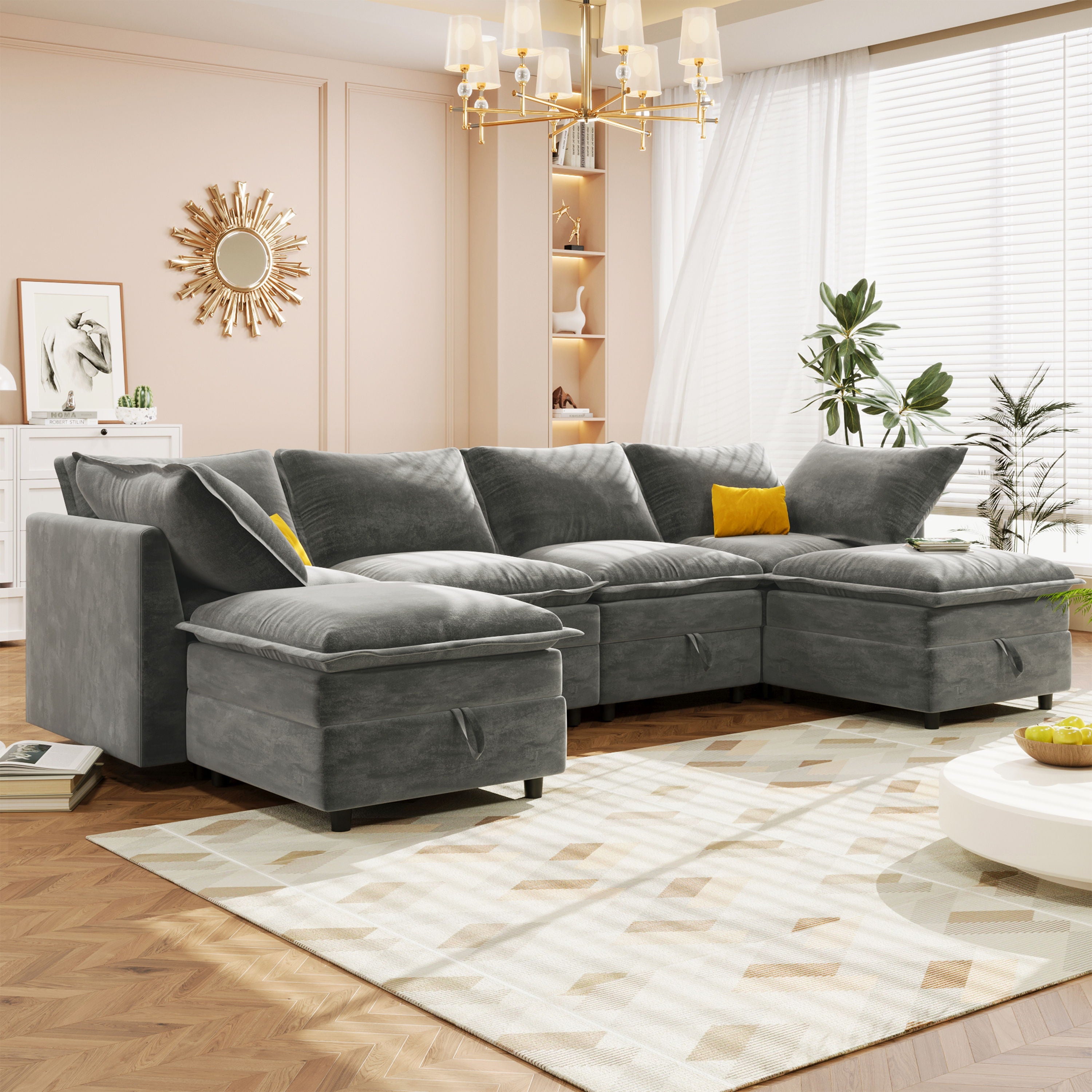 Versatile 6 Piece Modular Sofa Bed With Storage, Stylish Faux Double Layer Cushions, Comfortable &amp; Durable Design, Perfect For Any Living Space
