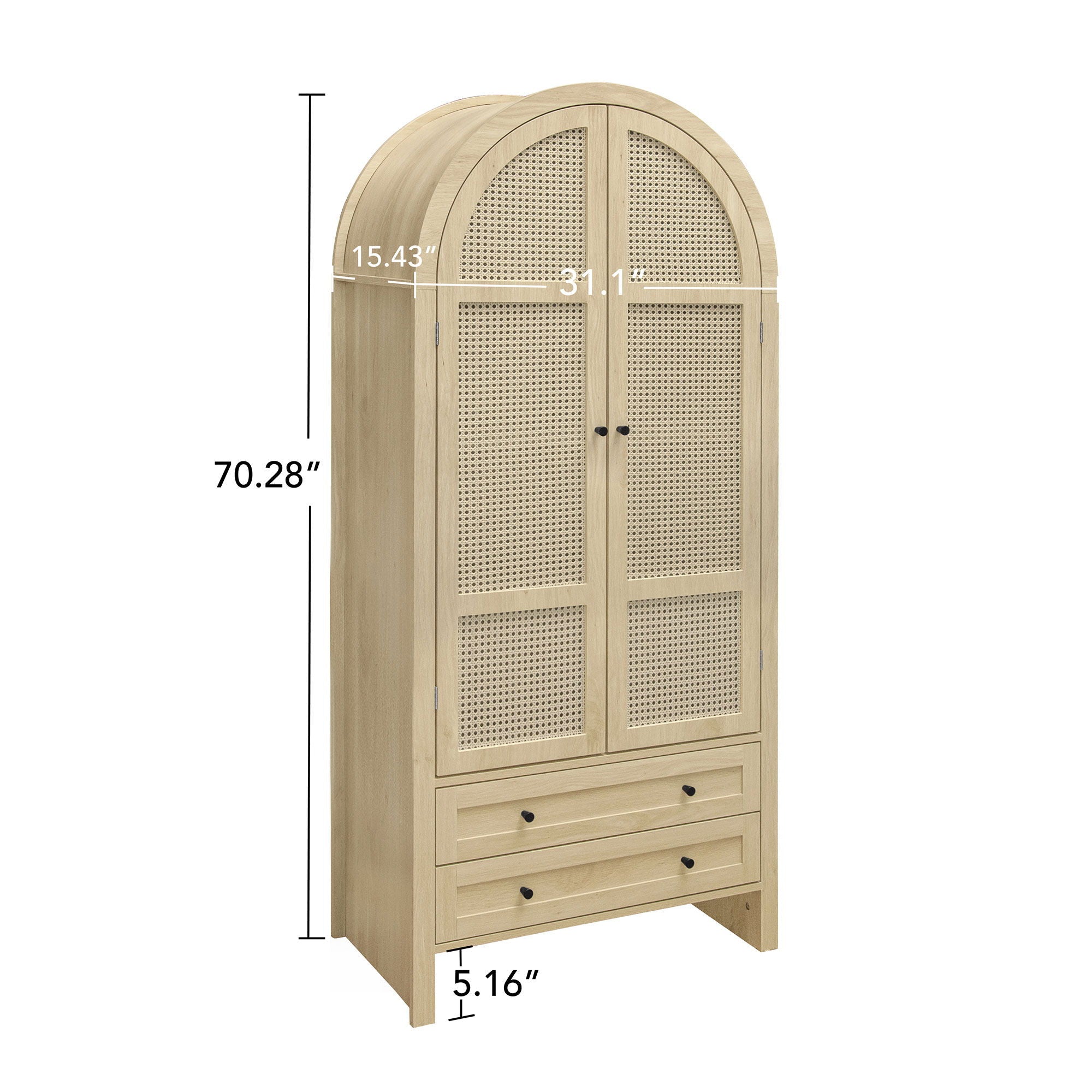 Tall Arched Kitchen Pantry, Arched Storage Display Cabinet With 2 Drawers &amp; Adjustable Shelves, Rattan Door Versatile Storage Cabinet For Kitchen, Dining Room, Living Room - Natural