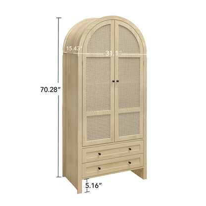 Tall Arched Kitchen Pantry, Arched Storage Display Cabinet With 2 Drawers &amp; Adjustable Shelves, Rattan Door Versatile Storage Cabinet For Kitchen, Dining Room, Living Room - Natural