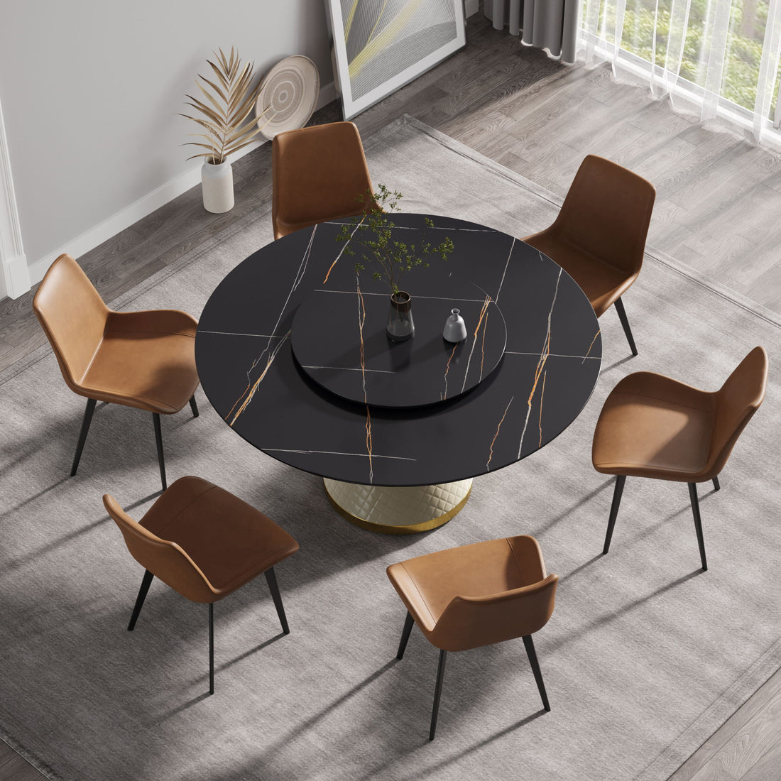59.05&quot; Modern Artificial Stone Round Carbon Steel Base Dining Table, Can Accommodate 6 People, Artificial Stone Turntable - White / Black