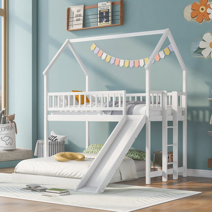 Hearth &amp; Haven - Twin Over Full House Bunk Bed With Slide, Built In Ladder And Full Length Guardrail - White