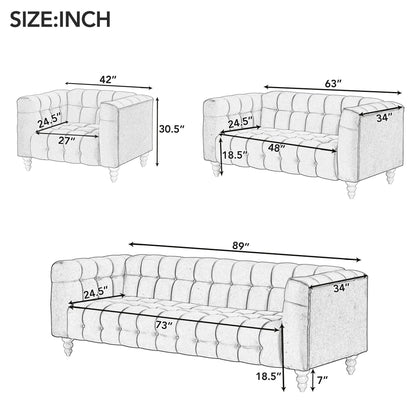 Modern Sofa Dutch Fluff Upholstered Sofa &amp; Wood Legs, Buttoned Tufted Backrest