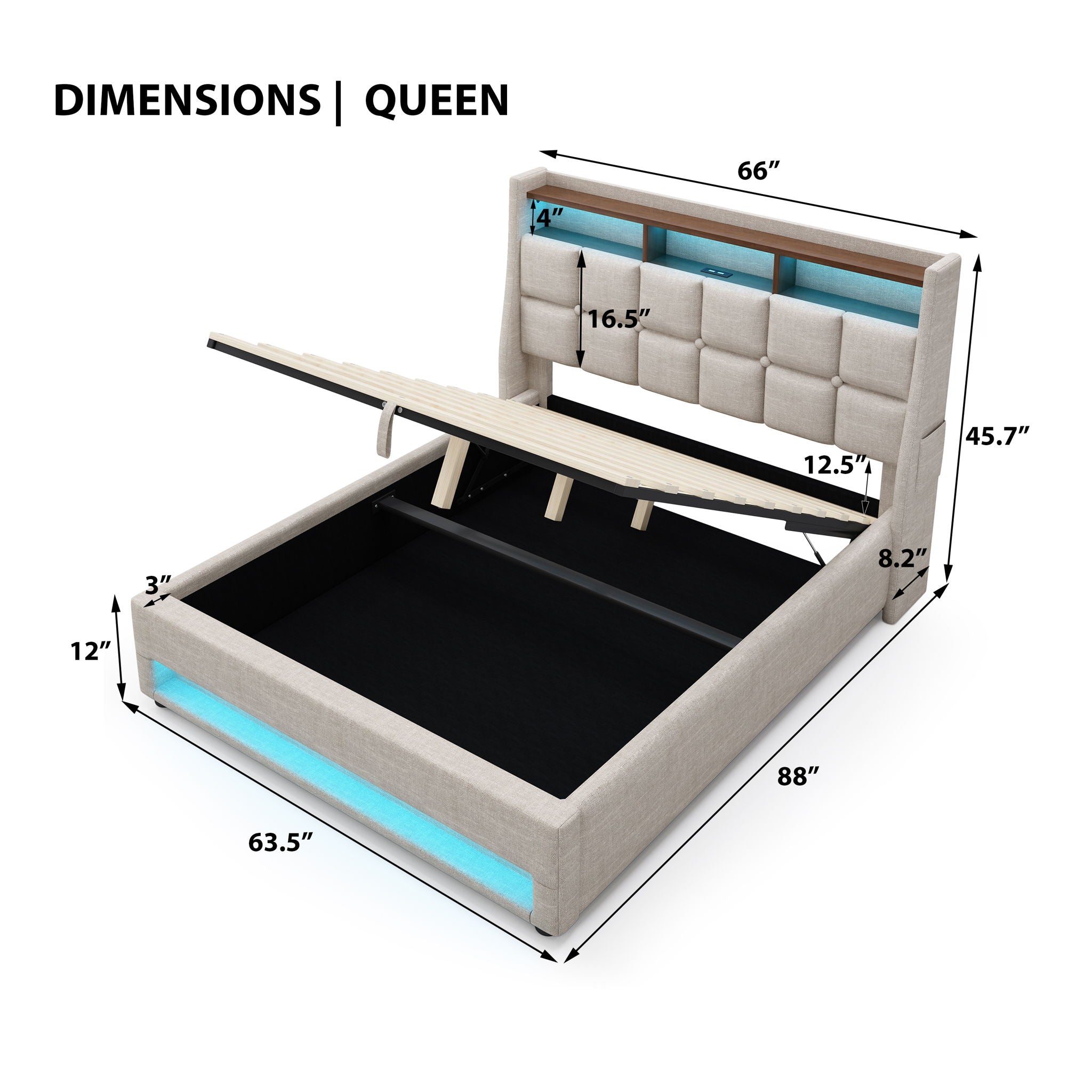 Platform Bed With Hydraulic Storage, LED Lighting &amp; Charging Station