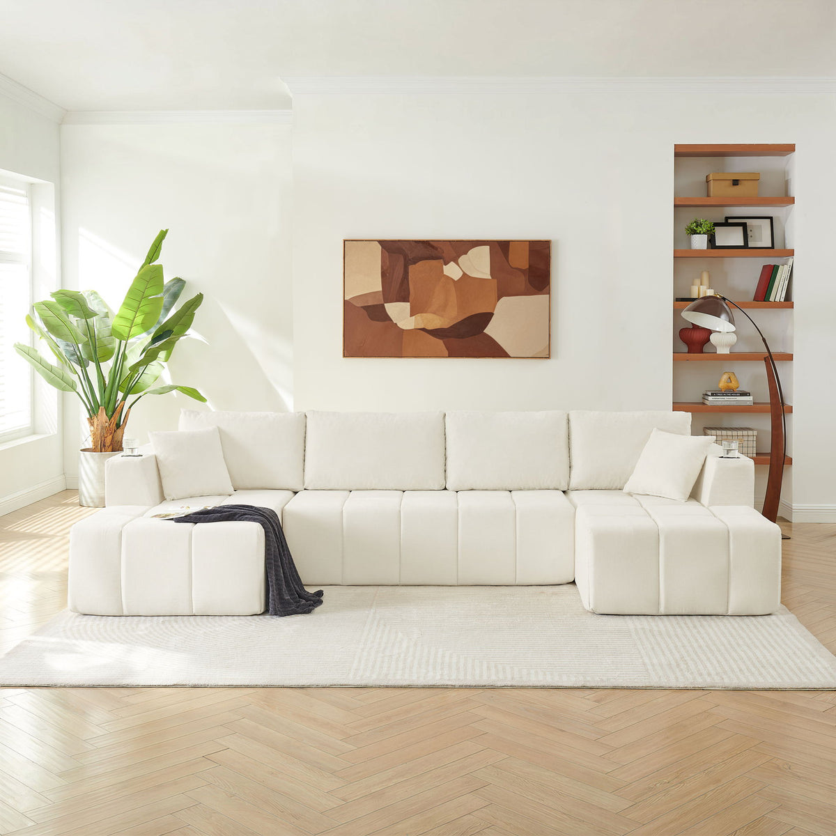 U - Shaped Sectional Sofa, Cup Holders &amp; Side Pockets For Living Room