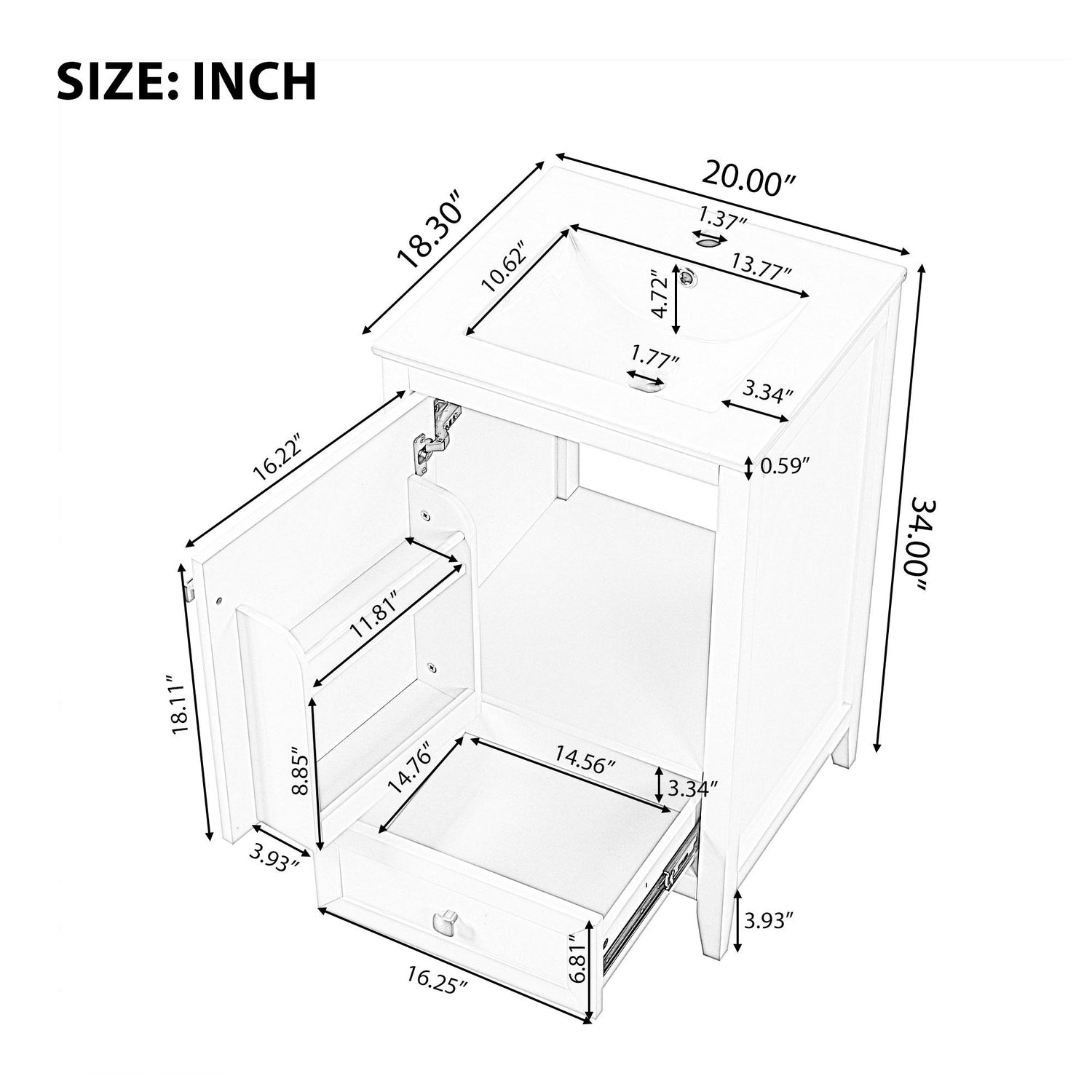 20" Bathroom Vanity With Sink Cabinet With Soft Closing Door, Drawer &amp; Storage Rack - Black