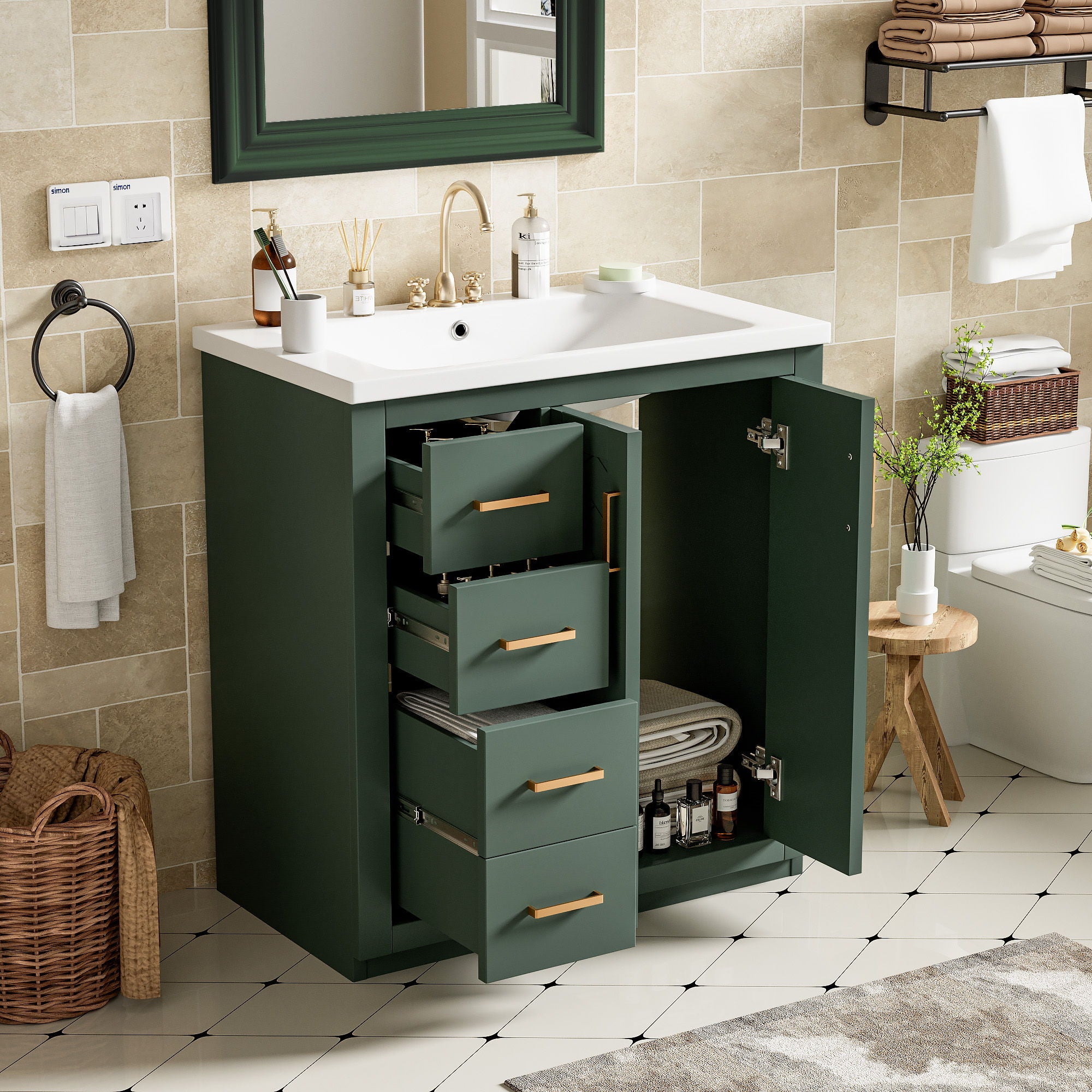 Ceramic Sink Combo, Freestanding Vanity Set With 3 Drawers &amp; Soft Closing Doors