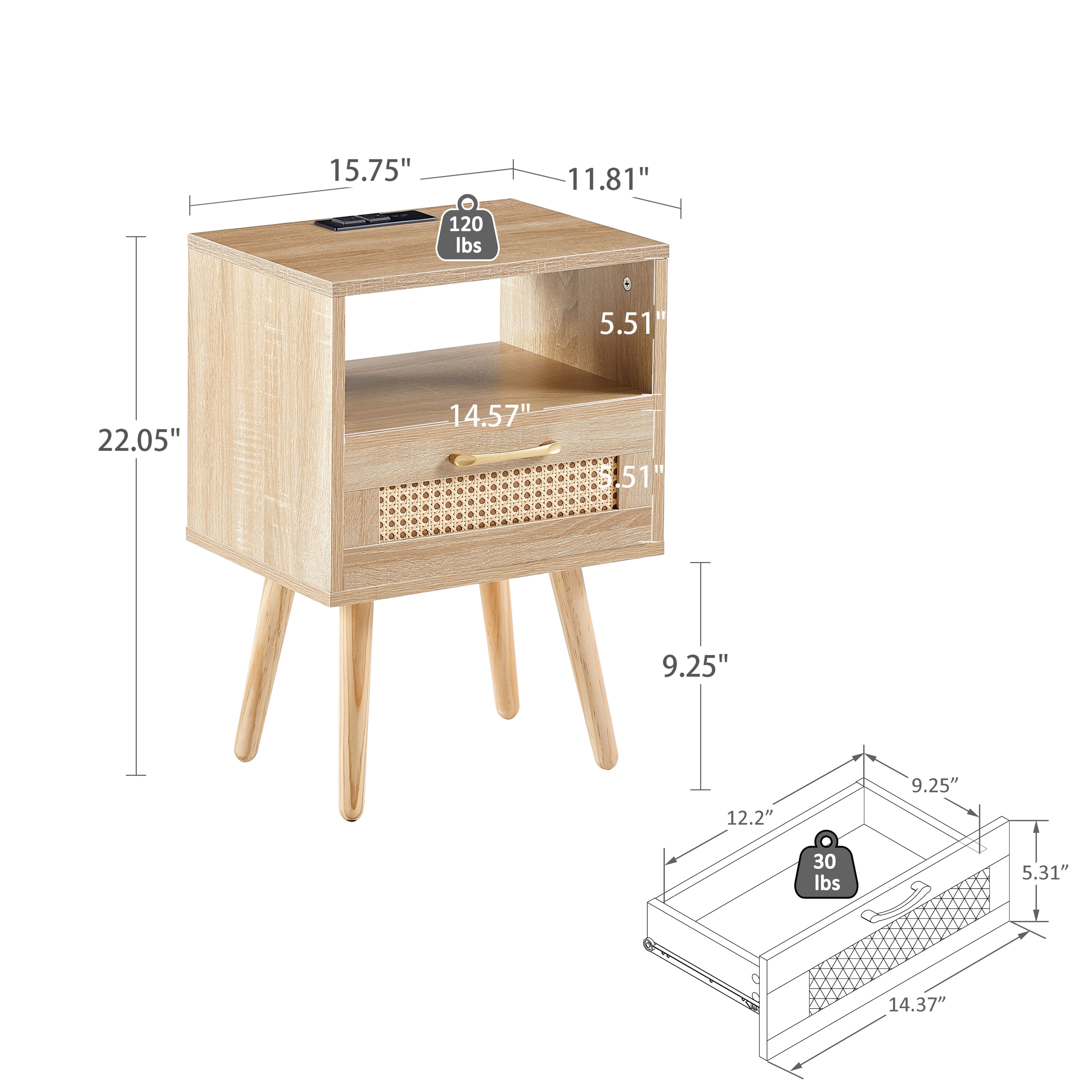 15.75&quot; Rattan End Table With Power Outlet &amp; USB Ports, Modern Nightstand With Drawer And Solid Wood Legs, Side Table For Living Room, Bedroom