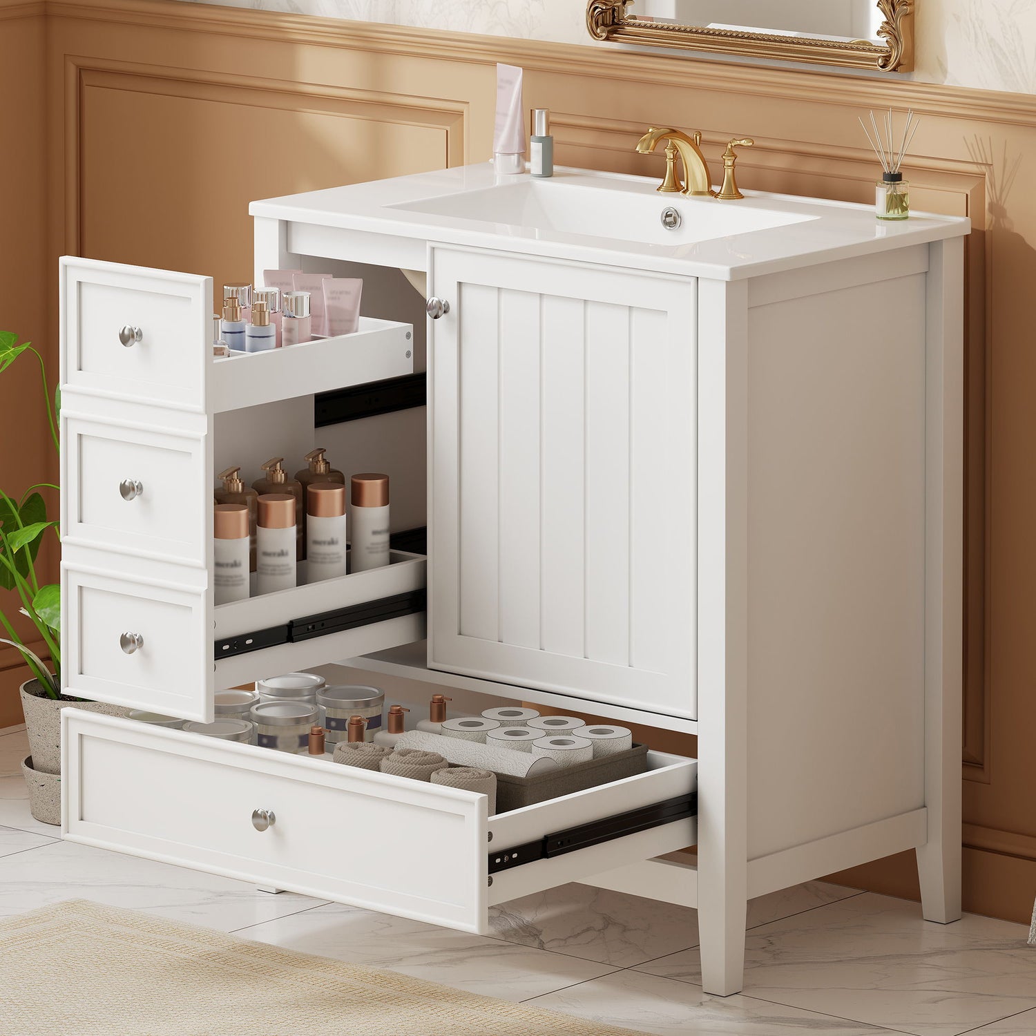Modern Bathroom Vanity With Sink, 1 Cabinet &amp; 3 Drawers