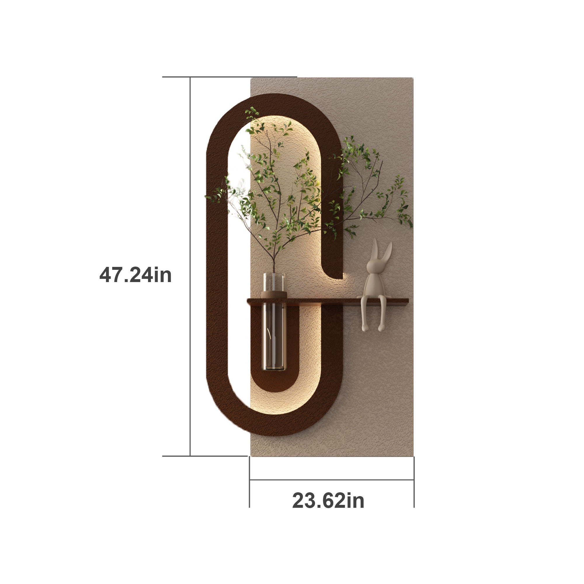Adjustable LED Sandstone Wall Decor With Simulated Plants 3D Art Sculpture, Glass Vase &amp; Rabbit Statue, Remote Control - Light Coffee