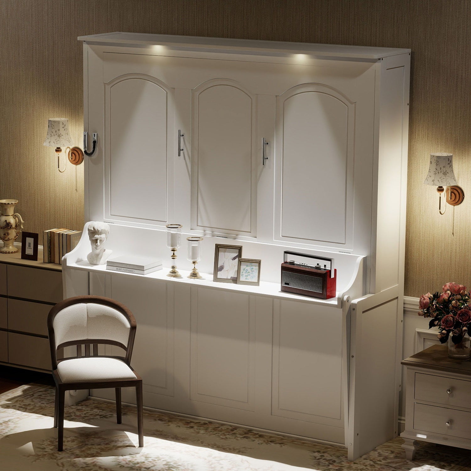 Murphy Bed With Desk, LED Lights &amp; USB Charging Station