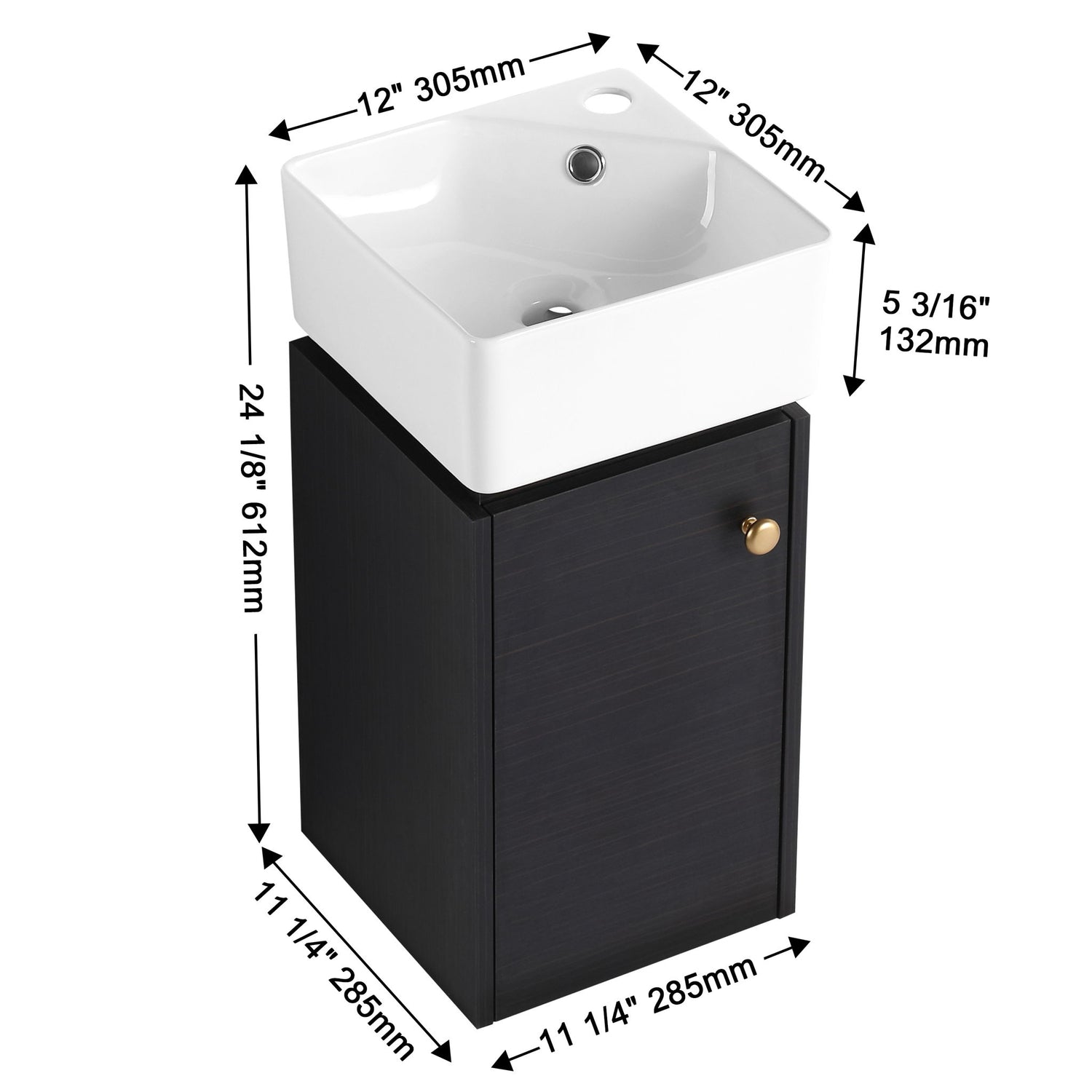 Compact Bathroom Vanity With Sink, Soft Close Door - Black Chestnut