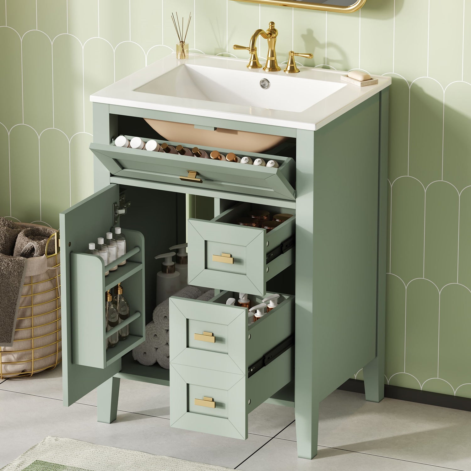 Bathroom Vanity With Sink, 3 Drawers &amp; Cabinet With 2 Tier Door Storage Rack, Soft Close Doors &amp; Drawers