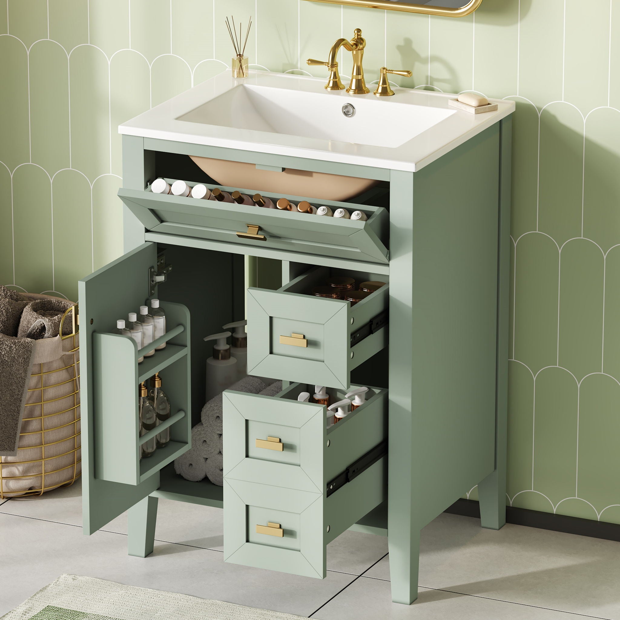 Bathroom Vanity With Sink, 3 Drawers &amp; Cabinet With 2 Tier Door Storage Rack, Soft Close Doors &amp; Drawers