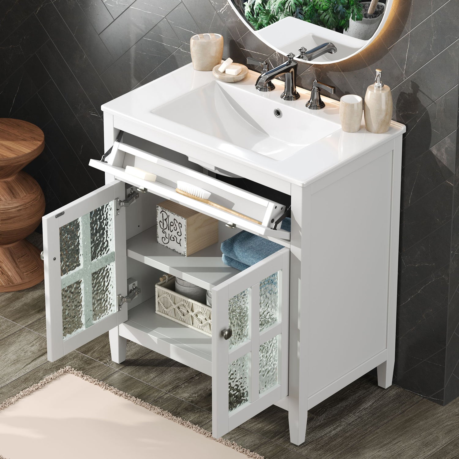 Bathroom Vanity With Ceramic Sink, Adjustable Shelf &amp; Tip Out Tray