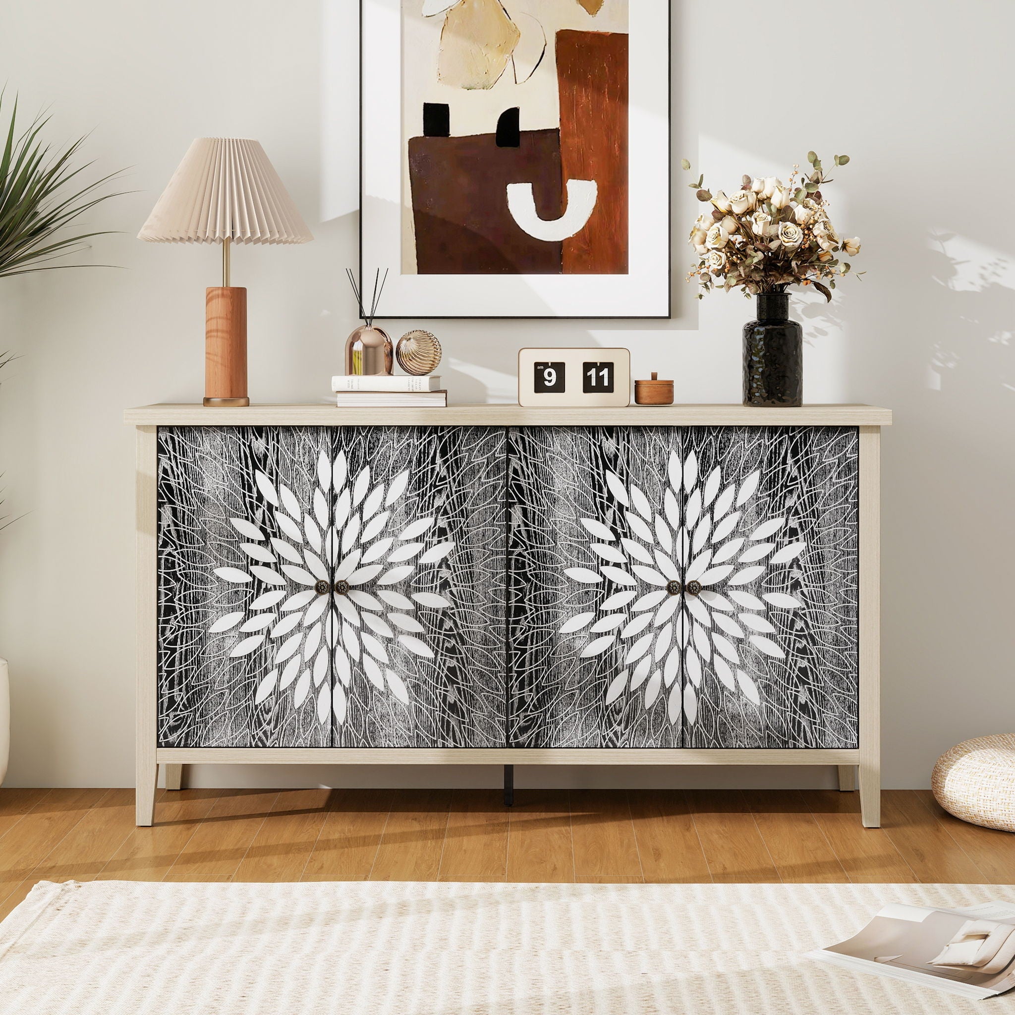 Modern Storage Cabinet With 4 Doors &amp; Adjustable Shelves