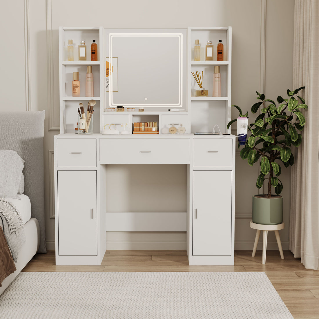 43.31&quot; Newly Designed Smart Mirror Dressing Table With Drawers And Storage Cabinet, Dressing Table With Dressing Pad For Bedroom, Dressing Room