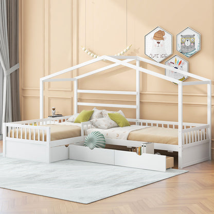 L Shape Platform Bed With 3 Storage Drawers