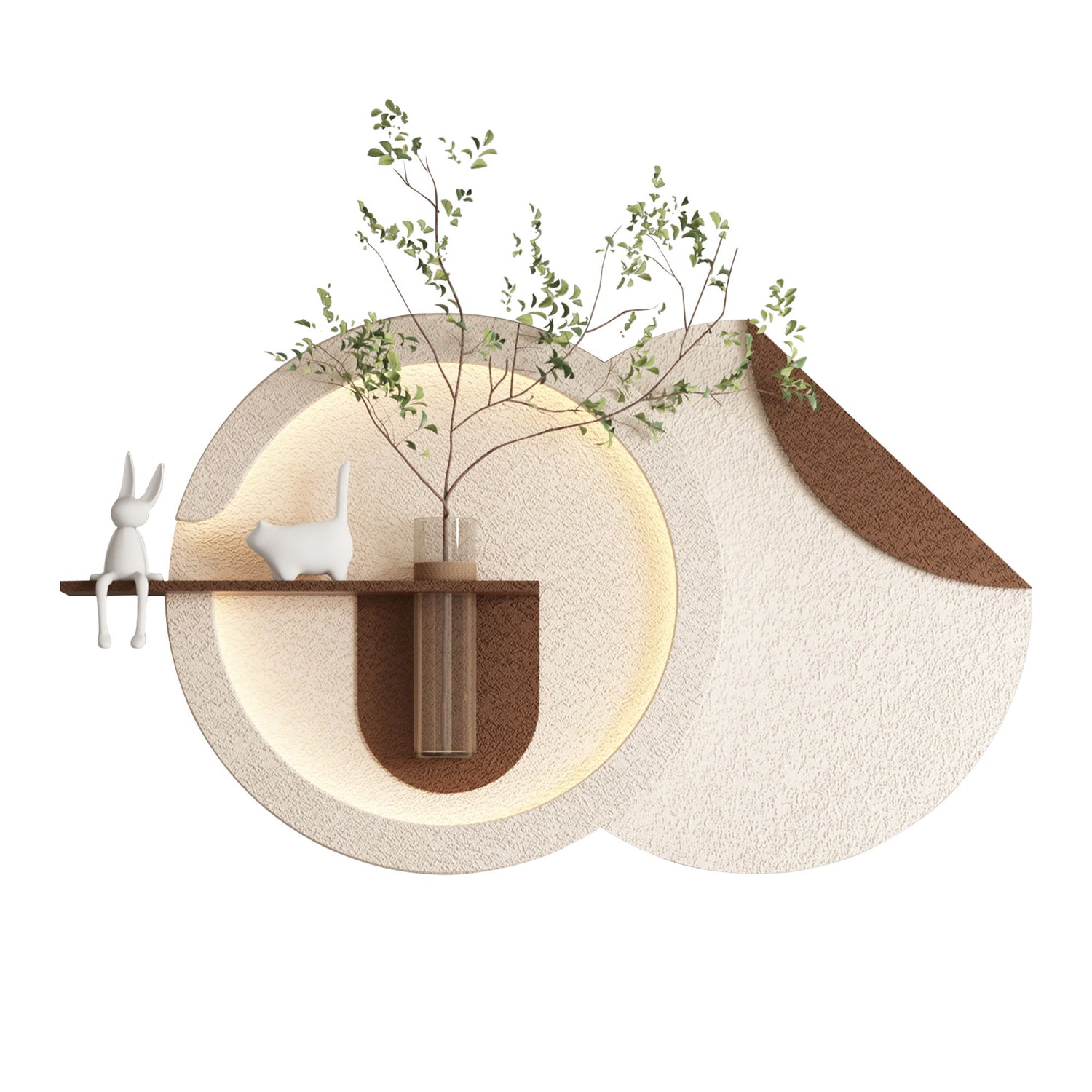 Adjustable 3 Color LED Sandstone Double Disc Wall Art With Simulated Greenery, Vase &amp; Rabbit Statue - Light Coffee