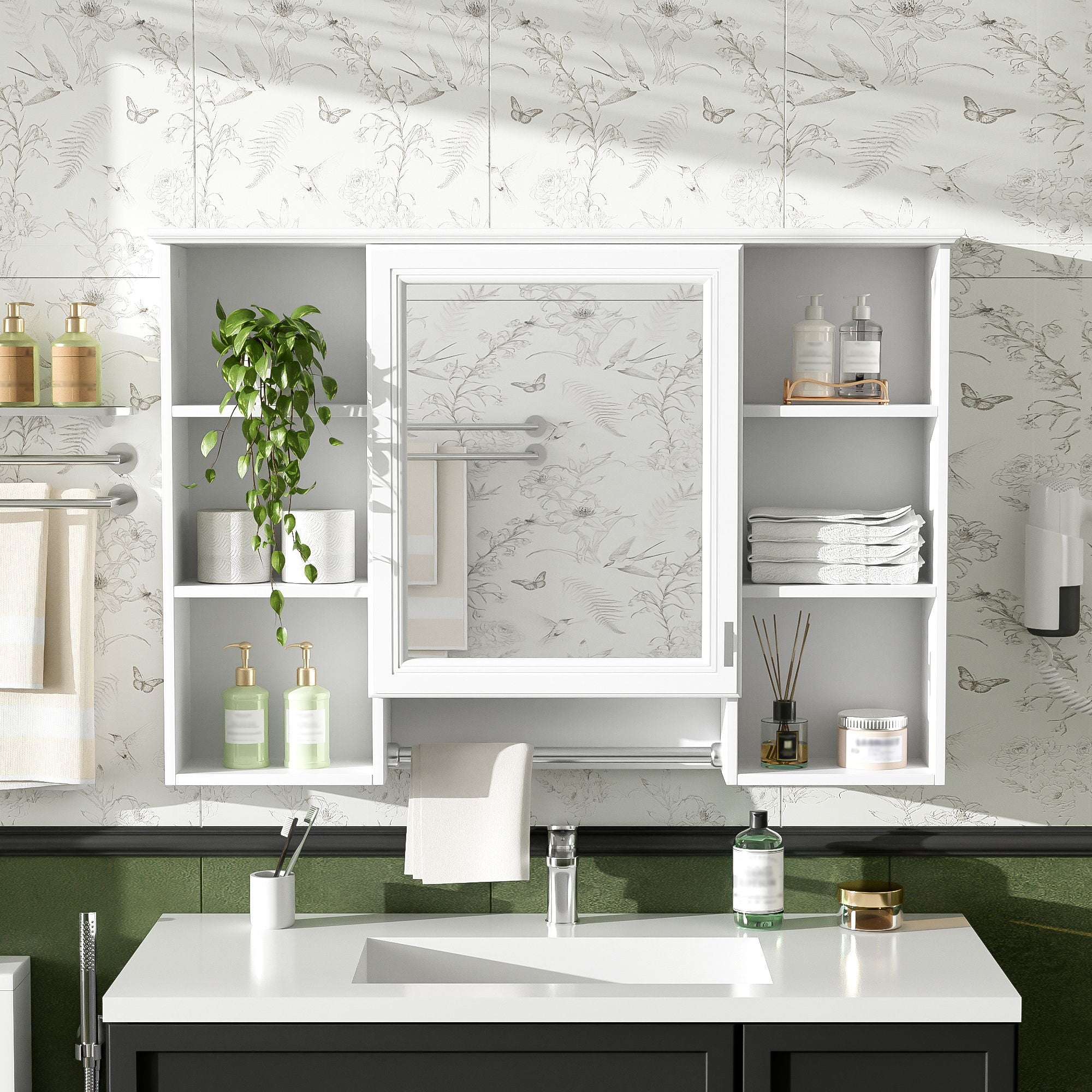 3 In 1 Modern Bathroom Mirror Cabinet With Adjustable Shelf, Soft Close Door, High Definition Mirror &amp; Towel Bar