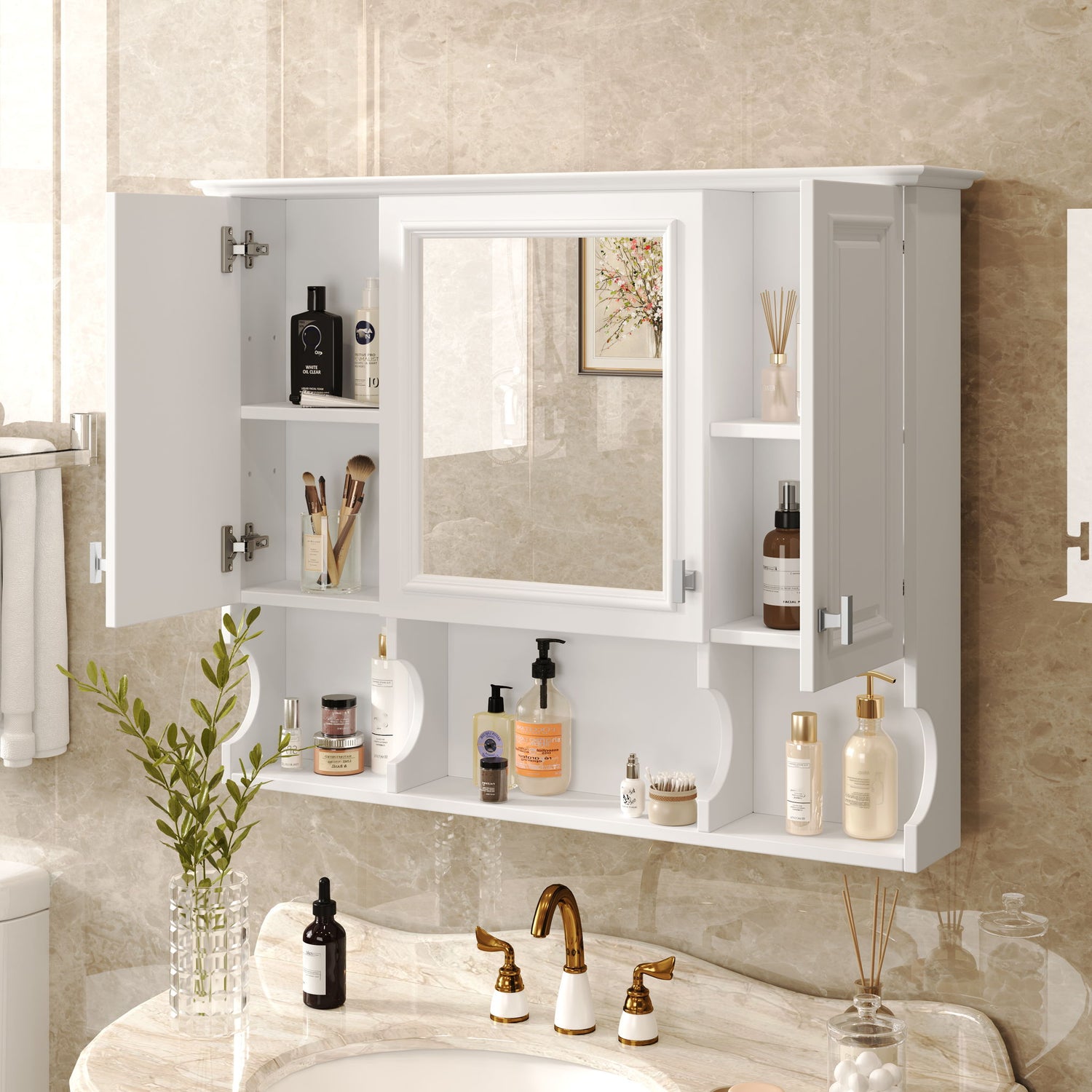 Wall Mounted Bathroom Medicine Wall Cabinet With Mirror &amp; Open Shelves