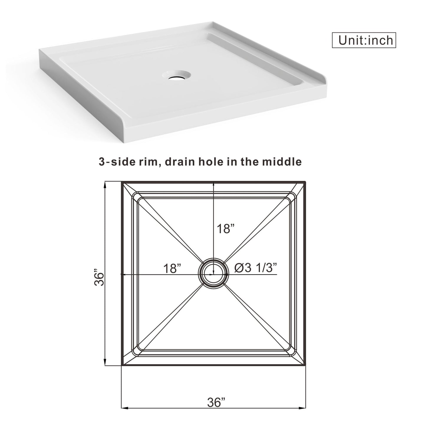 Goodyo - Centered Drain Shower With 3-Side Tile Flanges - White