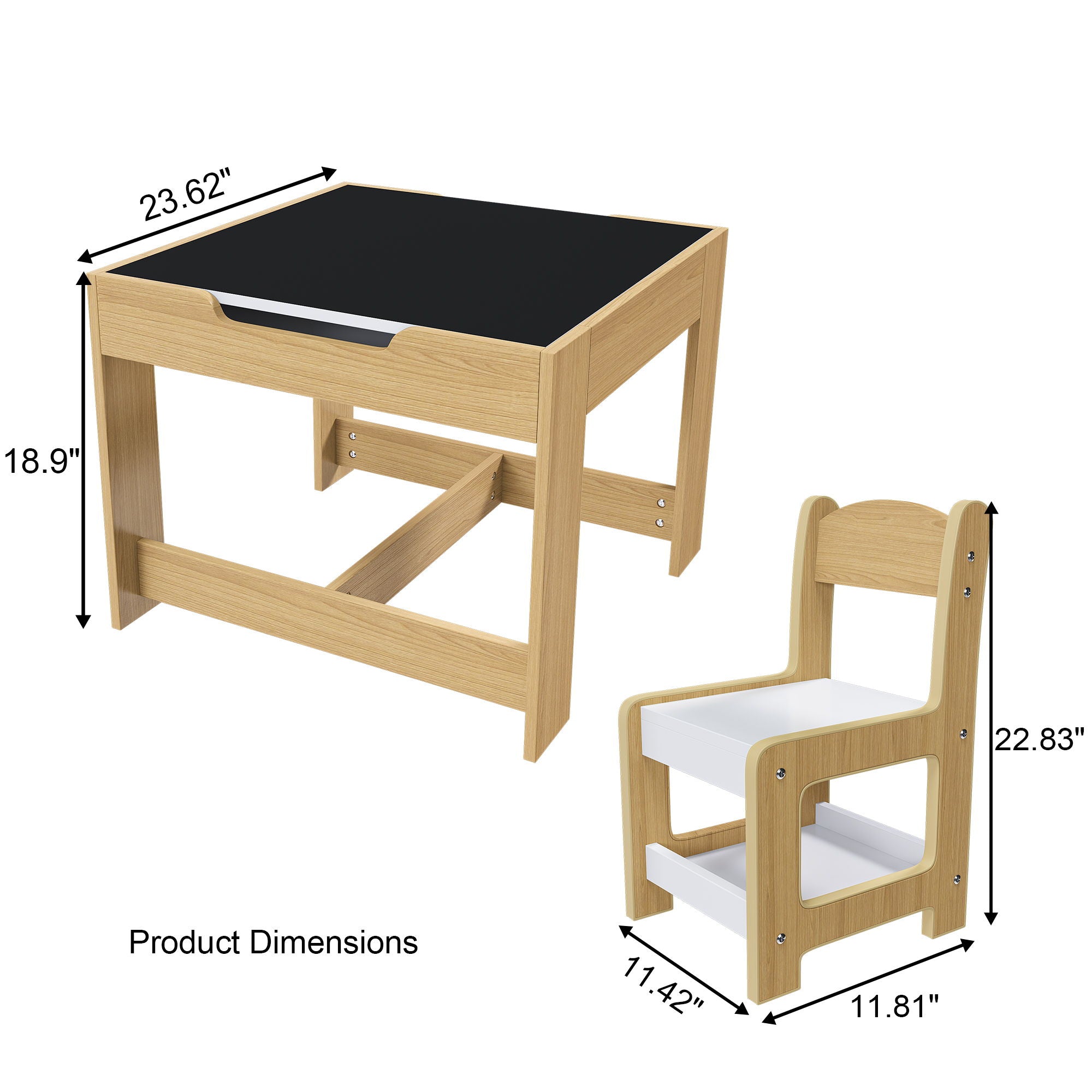 3 In 1 Kids Study Table &amp; Chairs Set Multi Functional Activity Table With Detachable Blackboard Top - Natural Wood