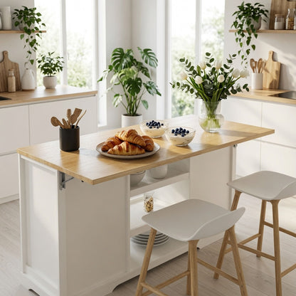 Drop Leaf Kitchen Island With Storage, Power Outlet &amp; Pet Bowl Drawer - White / Light Oak