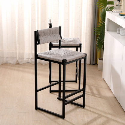 Bar Stools Paper Rope Weave Dining Chairs With Back Hand Weave Stools For Kichen Island, Bar &amp; Counter (Set of 2)