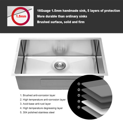 28&quot; Undermount Kitchen Sink With, 10&quot; Deep, Single Bowl, Rounded Corners - Brushed Nickel